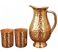 TRAFAART Pure Copper Handmade Hammered Water Jug with 2 Glasses Set Lid Pitcher for Drinking Ayurveda Health Benefits Heavy Gauge
