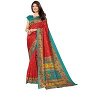 TRAFAART Saree for Women Art Silk Printed Indian Red Sari With Unstitched Blouse Piece