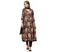 TRAFAART Womens Aliya Cut Floral Printed Kurti Set with Dupatta Rayon Indian Salwar Suit-Black