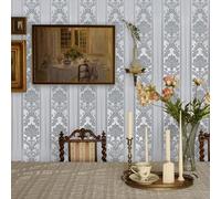 Trafagala 21inches x 33feet 3D Embossed Silver Grey Non-Woven Wallpaper Glitter Under The Light Luxury Floral Retro Damask Wallpaper Baroque Ornament Wall Wallpaper for Livingroom Bedroom Hallway
