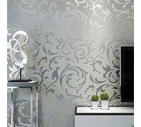 Trafagala 21inches x 33feet 3D Embossed Silver Grey Non-Woven Wallpaper Glitter Under The Light Retro Damask Leaf Textured Wallpaper Baroque Ornament Wall Wallpaper for Livingroom Bedroom Hallway