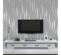 Trafagala Embossed Wallpaper Non-Woven Wave Stripes Roll 3D Silver Glitter Wallpaper Feature Modern Geometric Patterned Taupe for Livingroom Bedroom Kitchen