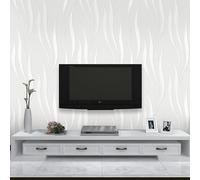 Trafagala White Embossed Wallpaper Non-Woven Wave Stripes Roll 3D Silver Glitter Wallpaper Feature Modern Geometric Patterned Taupe for Livingroom Bedroom Kitchen