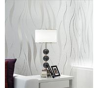 Trafagala White Glitter Wallpaper Embossed Wallpaper Modern Minimalist Non-Woven 3D Abstract Curves Striped Water Plant Pattern Flocking Roll for Bedroom Living Room Tv Backdrop