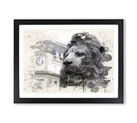Trafalgar Square Lions London Modern FC Framed Print | A2 Black Framed Wall Art | Ready to Hang | Modern Animal Picture | Living Room Bedroom Lounge Office