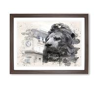 Trafalgar Square Lions London Modern FC Framed Print | A3 Walnut Framed Wall Art | Ready to Hang | Modern Animal Picture | Living Room Bedroom Lounge Office