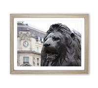 Trafalgar Square Lions London Modern Framed Print | A4 Oak Framed Wall Art | Ready to Hang | Modern Animal Picture | Living Room Bedroom Lounge Office