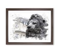 Trafalgar Square Lions London V3 Modern Framed Print | A4 Walnut Framed Wall Art | Ready to Hang | Modern Animal Picture | Living Room Bedroom Lounge Office