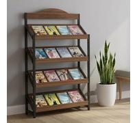 TRAGLO 3/4-Tier Magazine Rack, Large Capacity Brochure Display Stand, Modern Floor Magazine Holder Bookshelf for Exhibitions, Office, Schoolroom(Walnut+black frame,100x30x150cm)