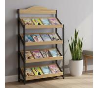 TRAGLO 3/4-Tier Magazine Rack, Large Capacity Brochure Display Stand, Modern Floor Magazine Holder Bookshelf for Exhibitions, Office, Schoolroom(Wood+black frame,120x30x150cm)