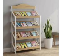 TRAGLO 3/4-Tier Magazine Rack, Large Capacity Brochure Display Stand, Modern Floor Magazine Holder Bookshelf for Exhibitions, Office, Schoolroom(Wood+white frame,120x30x150cm)