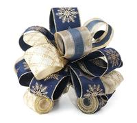Traico 11" sq. X'Mas Tree Topper Bow with 4 Tails (3 Yards Long Each) Royal Navy Blue and Gold Snowflake for Christmas D'ecor Wreath Luxury Gift