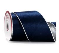 Traico 4" Navy Blue Velvet Silver Glitter Backing Wired Ribbon 10 Yards for Christmas Tree Wedding Wreath Gift Wrapping Home Décor DIY