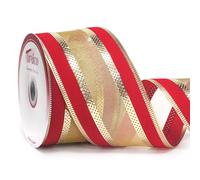 Traico Velvet Metallic with Red and Shiny Gold Stripes Wired Ribbon 2.5 Inch 10 Yards for Christmas Wedding Wreath Gift Wrapping Home D'ecor DIY