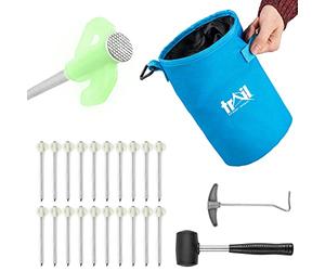 Trail 20 x Glow In The Dark Tent Pegs Heavy Duty Steel for Hard Stony Ground with Mallet, Peg Extractor and Bag with Carabiner Clip (Peg Size: 20cm x 6.5mm)