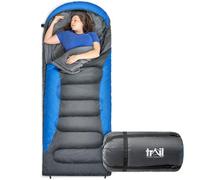 Trail Alpine 250 XL Sleeping Bag with Hood (L230cm x W100cm), Large Extra Wide Envelope Sleeping Bag, 2 to 3 Season Camping, Lightweight, Water Resistant, Soft Polycotton Liner, Compression Bag (Blue)