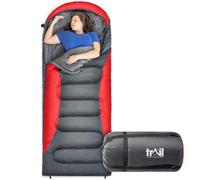 Trail Alpine 250 XL Sleeping Bag with Hood (L230cm x W100cm), Large Extra Wide Envelope Sleeping Bag, 2 to 3 Season Camping, Lightweight, Water Resistant, Soft Polycotton Liner, Compression Bag (Red)
