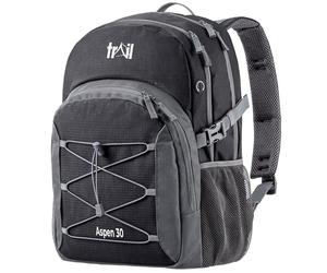 Trail Aspen 30L Day Pack Backpack for School Work Hiking Camping Travelling, Breathable Padded Back & Straps, 3 Zip Compartments, Internal Pockets, Bungee Cords, USB/Headphone Port, Water Resistant