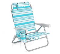 Trail Low Reclining Beach Chair, 4 Positions, Blue Stripes | 4 Reclining Positions, Integrated Head Cushion, Fully Reclines for Lounging, Drinks & Storage Pockets, Backpack Carry Straps
