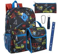 Trail maker Boy's 6 in 1 Backpack Set with Lunch Bag, Pencil Case, Ruler, Clip, and Wristlet Keychain (Construction)