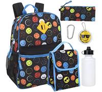 Trail maker Boy's 6 in 1 Backpack Set with Lunch Bag, Pencil Case, Ruler, Clip, and Wristlet Keychain (Silly Smileys)
