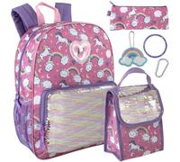 Trail maker Girl's 6 in 1 Backpack Set with Lunch Bag, Pencil Case, Scrunchie, and Pom Pom Key Ring Set (Sparkle Unicorns)