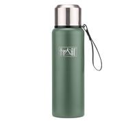 Trail Vacuum Flask with Strap 1000ml, Stainless Steel Thermal Flask for Camping, Hiking & Travel, Keeps Drinks Hot 12hrs / Cold 24hrs, Double Walled, Leak-Proof, Twist-&-Pour Stopper, Lid Cup (Green)