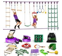 Trailblaze Ninja Warrior Obstacle Course for Kids - 10 Outdoor Obstacles | Two 16.8 m slacklines with 10 adjustable obstacles and 4 tree protectors - set up in your back garden in under 30 minutes