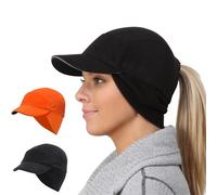 TrailHeads Fleece Ponytail Hat for Women - Trailblazer Reflective Winter Hat with Ponytail Hole for Workouts, Black & Hunter Orange 2-Pack, One Size