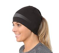 TrailHeads Ponytail Hat - Adrenaline Series | Women’s Running Beanie with Reflective Accents | Black Skull Cap - Black/Reflective