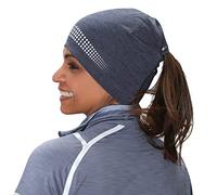 TrailHeads Ponytail Hat - Adrenaline Series | Women’s Running Beanie with Reflective Accents | Black Skull Cap - Heather Navy/Reflective