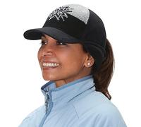 TrailHeads Women's Winter Ponytail Hat | Trucker Hat with Drop Down Ear Warmers - Black and Grey Snowflake