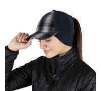 TrailHeads Women's Winter Ponytail Hat | Trucker Hat with Drop Down Ear Warmers - Grey Plaid