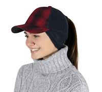 TrailHeads Women's Winter Ponytail Hat | Trucker Hat with Drop Down Ear Warmers - red Plaid