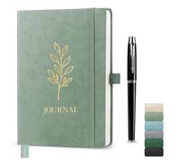 Traimber-seven A5 Lined Journal Notebook, Hardcover Vegan Leather Notebook with Gold Olive Leaf Embossing, 192 Pages 100gsm FSC Paper, Elastic Closure & Pen Holder (Sage Green)