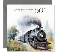 Train 50th Birthday Card - Locomotive Traditional Steam Train Birthday Card for 50 Year old fifty, fiftieth