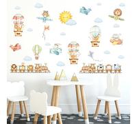 Train Animal Wall Decals Cartoon Animal Stickers Airplane Hot Air Balloon Decals Watercolor Sun Cloud Wall Sticker Cute Balloon Animal Stickers for Nursery Kids Room Playroom