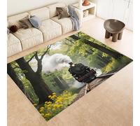 Train Area Rugs 140x200 cm 3D Print Car Tree Track Rug Faux Cashmere Washable Rug Non-Slip Backing Large Rugs for Living Room Open-Plan Lounge Tea Rooms Country Estates Outdoor(Noise-Reducing)