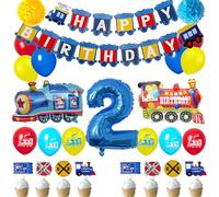 Train Birthday Party Decorations Blue Yellow Red Decorations with Railroad Balloons Garland,Train Birthday Banner,Train Balloons,Railway Cupcake Toppers (number 2nd birthday)