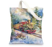 Train Canvas Tote Bags, Vintage Steam Engine Art Pattern Reusable Shopping Bags, Rustic Holiday Lightweight Washable Should, Multicolor, 13x15 Inch