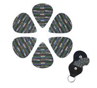 train Cars Guitar Picks 6 Pack, 0.71mm Thickness Celluloid Bass Pick with Leather Guitar Pick Holder Keychain Abstract Art Pics Plectrum for Acoustic Electric Guitar, Ukulele, Bass