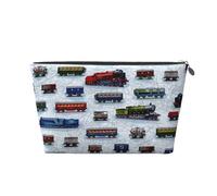 Train Cars Printed Leather Travel Toiletry Makeup Bag with Silver Zipper for Women on the Go