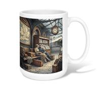 Train Ceramic Coffee Mug, Vintage Art Clock Map None Brown Novelty Office Drinking Cup with Handle Ideal for Friends Family Lovers Eldership Senior Co-Worker 15 Oz