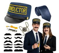 Train Conductor Costume Accessories Express Costume for Halloween Christmas | 16Pcs Train Conductor Costume with Hat Whistle Pocket Watch Mustaches Tie for Halloween Train Themed Party Role Play Gift