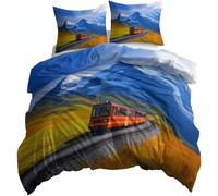Train Duvet Cover King Size Snowy Mountains Bedding Quilt Cover 3 Pcs, 3D Landscape Print Reversible Bedding Set Ultra Soft Brushed Microfiber Bed Set Bedroom Decor, 2 Pillowcases b3113