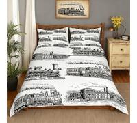 Train Duvet Cover Set Double Size, Retro Steam Locomotive Train Comforter Cover with 2 Pillowcases, Vintage Style Bedding Set 3pcs for Kids Boys Adults Bedroom Decor Lightweight Bedspread Cover