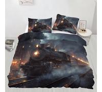 Train Duvet Cover Set Steam Train Bedding Set Retro Industrial Quilt Cover 3 Piece Single Quilt Cover for Teens Boys Girls Bedroom (135×200cm)