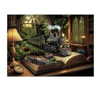 Train Fantasy Forest Puzzle 1000 Pieces for Adults, Magic Book Vintage Castle Jigsaw Puzzles, Nature Plant Tree Bookshelf Puzzles