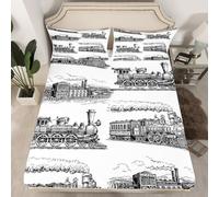 Train Fitted Sheet Double Size, Retro Steam Locomotive Train Bed Cover with 2 Pillowcases, Vintage Train Bedding Set 3pcs for Kids Boys Adults Room Decor, Soft Polyester Bedding