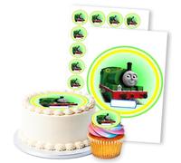 Train Green Engine Steam Design, 1 Round 8" & 24 2" Edible Toppers Set